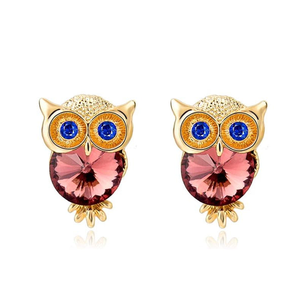 Gold Color Crystal Owl Stud Earrings