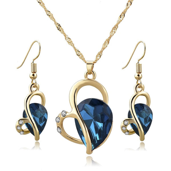 Blue Fashion Jewelry Heart Necklace Earrings Sets