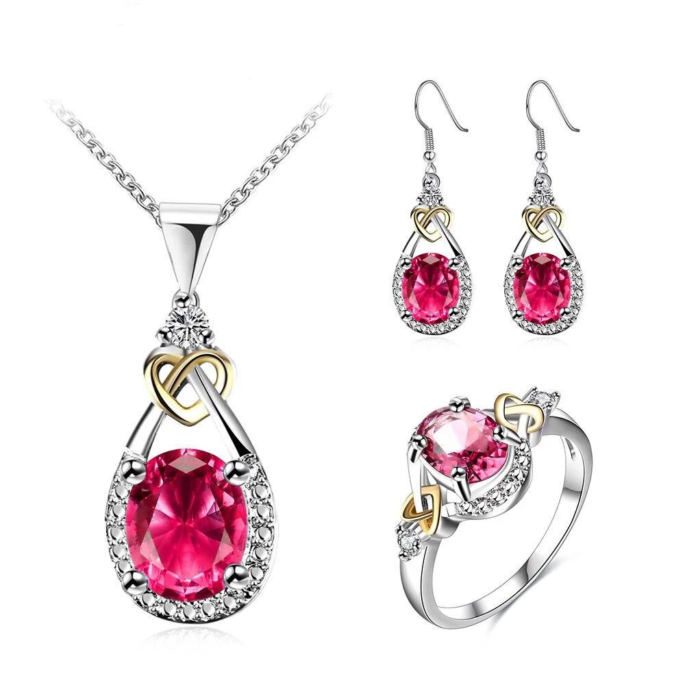 Rose Red CZ Sets Earring Necklace Ring