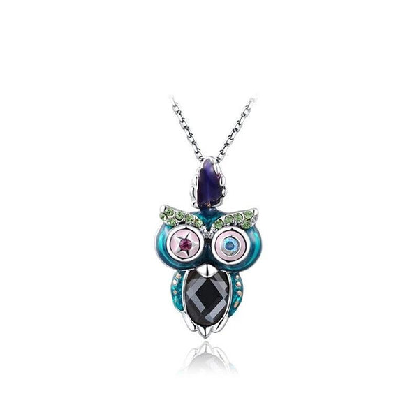Austrian Crystal White Gold Colorful Owl Pendant & Necklace