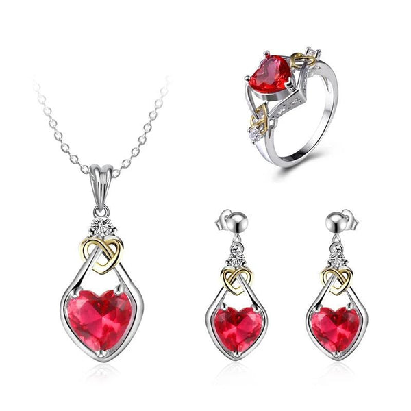 Red Heart Shaped Ring Earring Necklace Sets