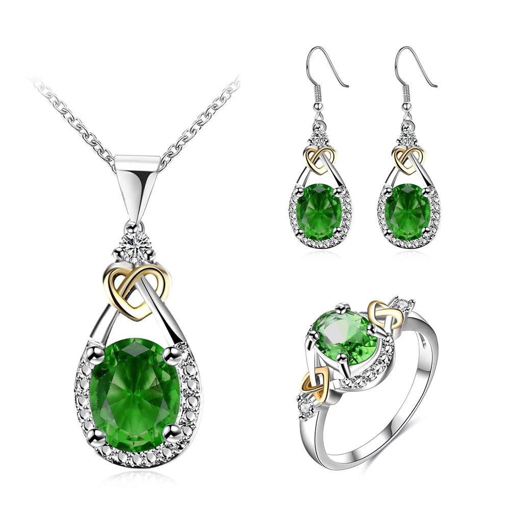Green CZ Sets 925 Sterling Silver Jewelry Earring Necklace Ring Jewelry Set