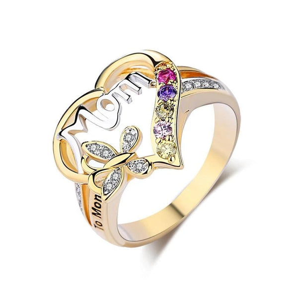 Heart Cubic Zirconia Colorful Stone Letter Mom Ring
