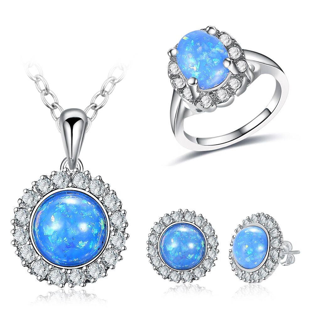 Opal with Cubic Zirconia Necklace Pendants & Ring & Stud Earrings Set