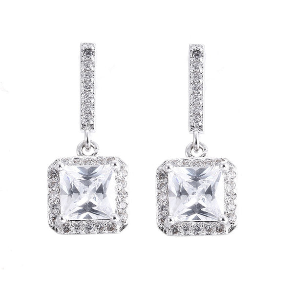Square Shine Stone Cubic Zirconia White Gold Color Earrings